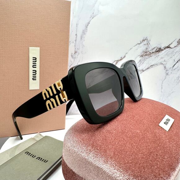 New MIU MIU Sunglasses Black Square Acetate Gold Metal Logo Italy Authentic main image 5